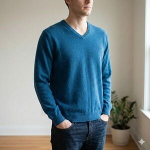 Club Room 100% Cashmere V-Neck Sweater Mens Large Blue Long Sleeve Knit Preppy